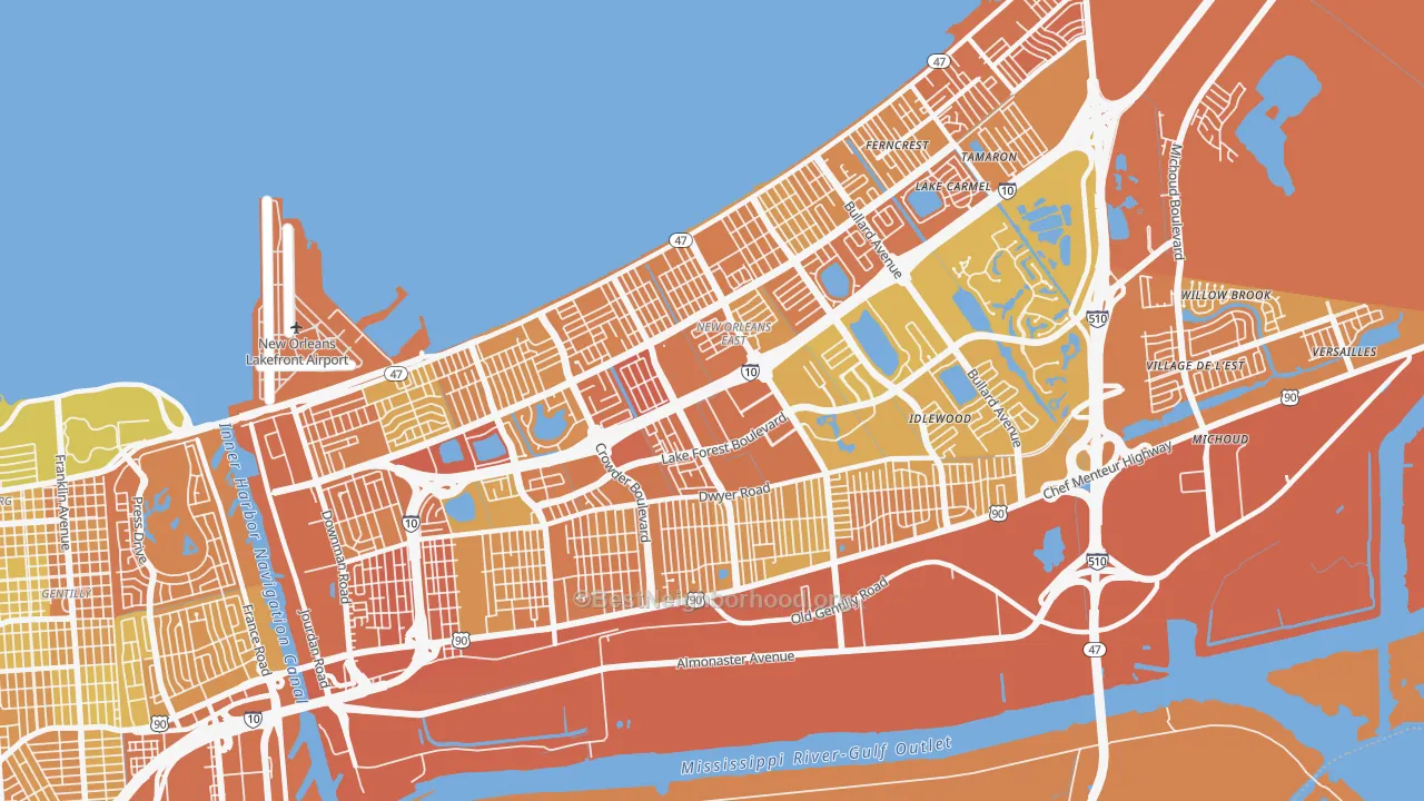 Map of the best neighborhoods in the 70127 area, with better matches in green and worse matches in red