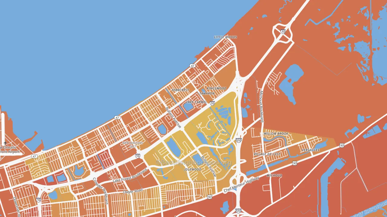 Map of the best neighborhoods in the 70128 area, with better matches in green and worse matches in red