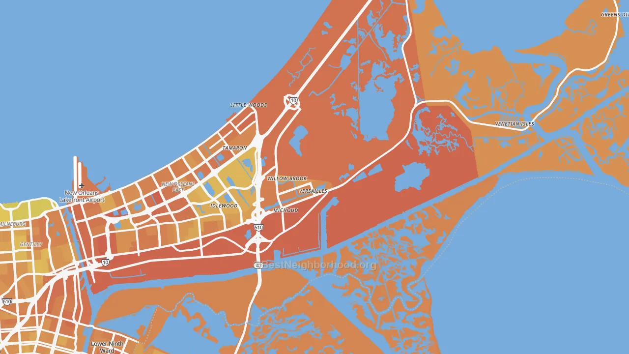 Map of the best neighborhoods in the 70129 area, with better matches in green and worse matches in red