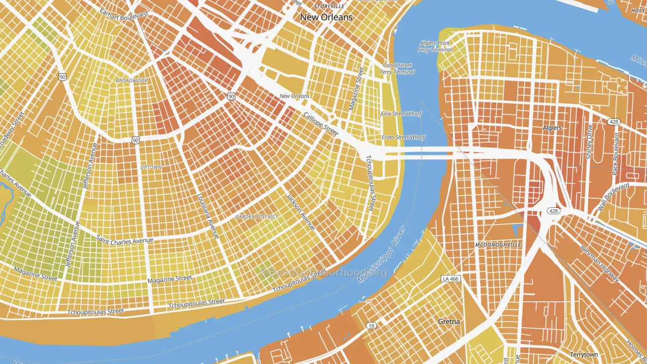 Map of the best neighborhoods in the 70130 area, with better matches in green and worse matches in red