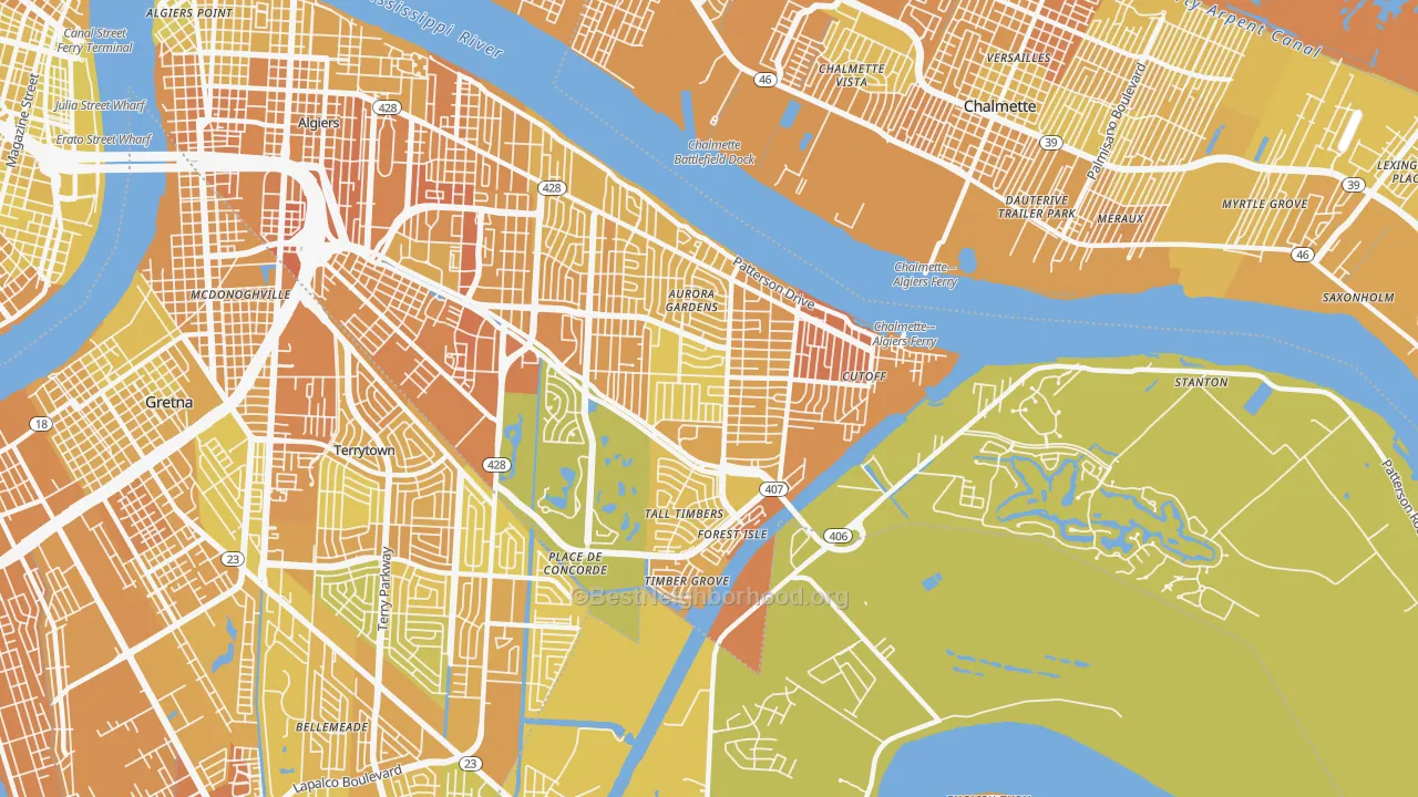 Map of the best neighborhoods in the 70131 area, with better matches in green and worse matches in red