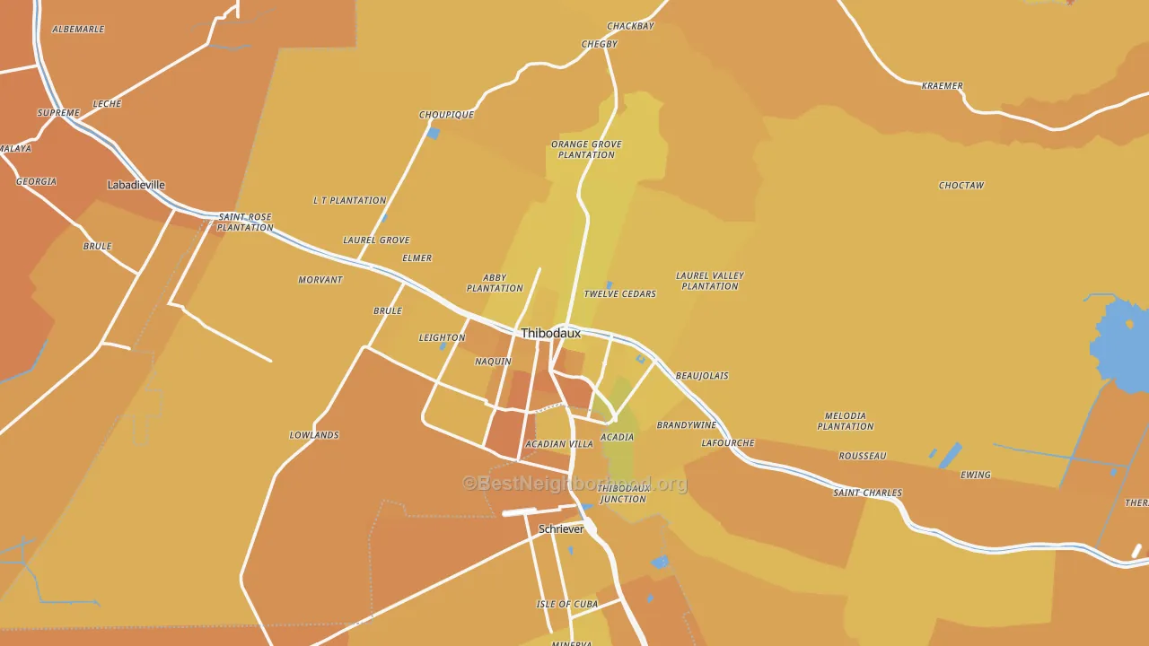 Map of the best neighborhoods in the 70301 area, with better matches in green and worse matches in red