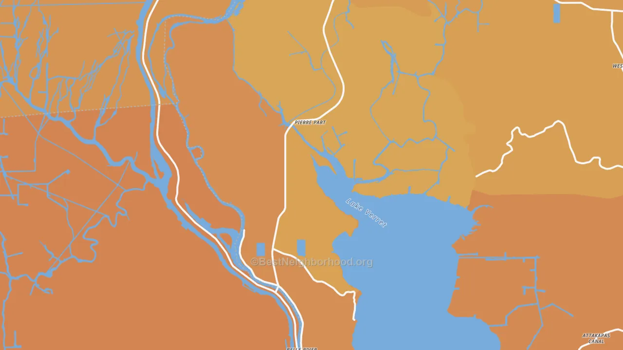 Map of the best neighborhoods in the 70339 area, with better matches in green and worse matches in red