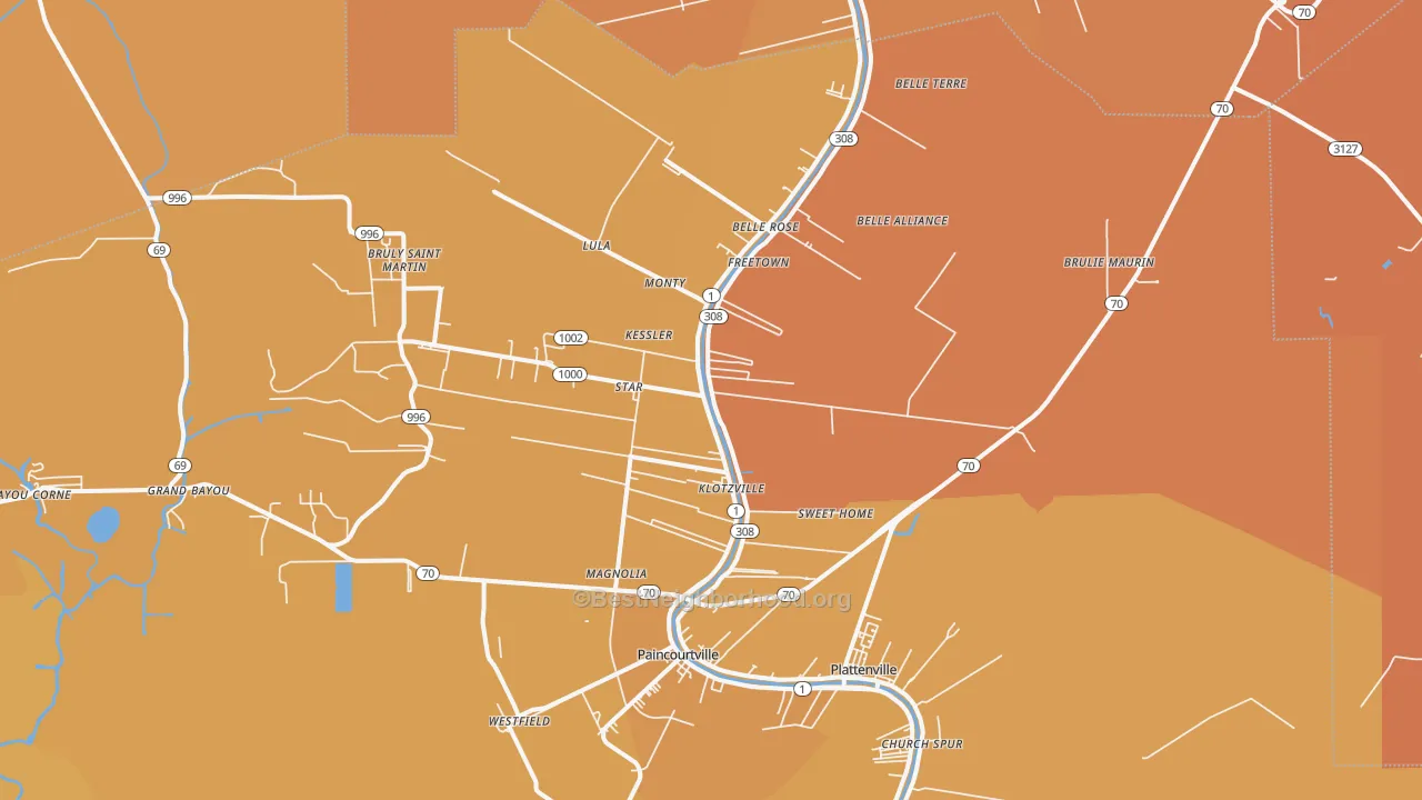 Map of the best neighborhoods in the 70341 area, with better matches in green and worse matches in red