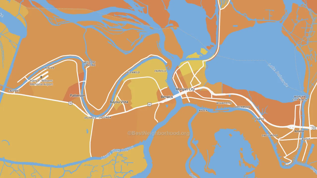 Map of the best neighborhoods in the 70342 area, with better matches in green and worse matches in red