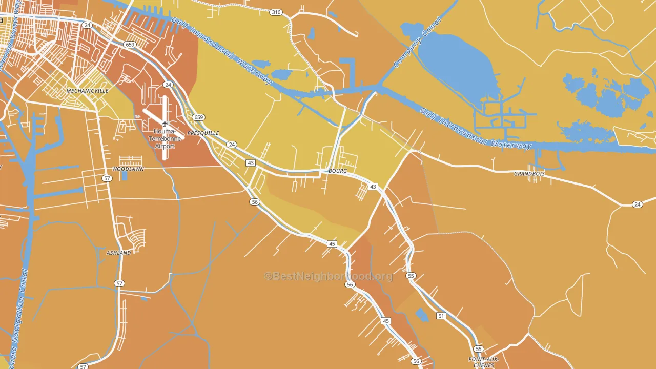 Map of the best neighborhoods in the 70343 area, with better matches in green and worse matches in red