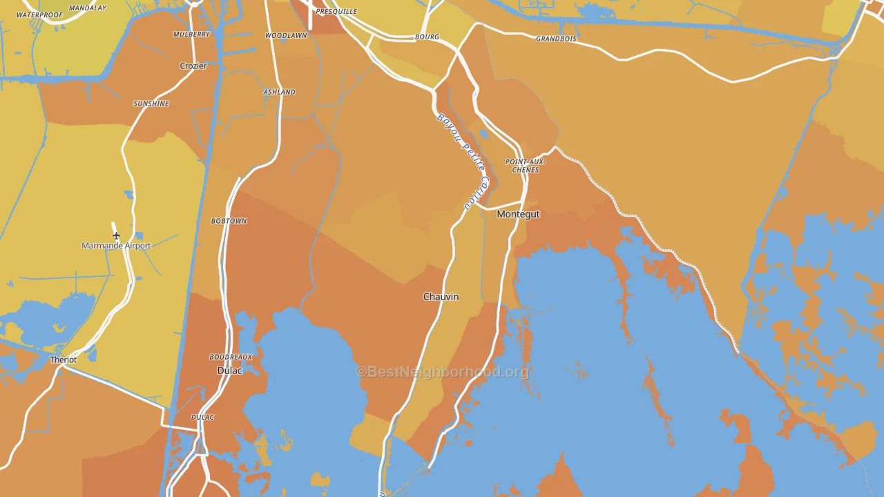 Map of the best neighborhoods in the 70344 area, with better matches in green and worse matches in red
