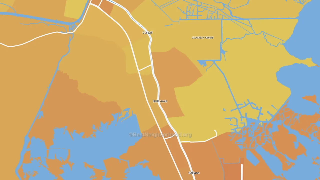 Map of the best neighborhoods in the 70345 area, with better matches in green and worse matches in red