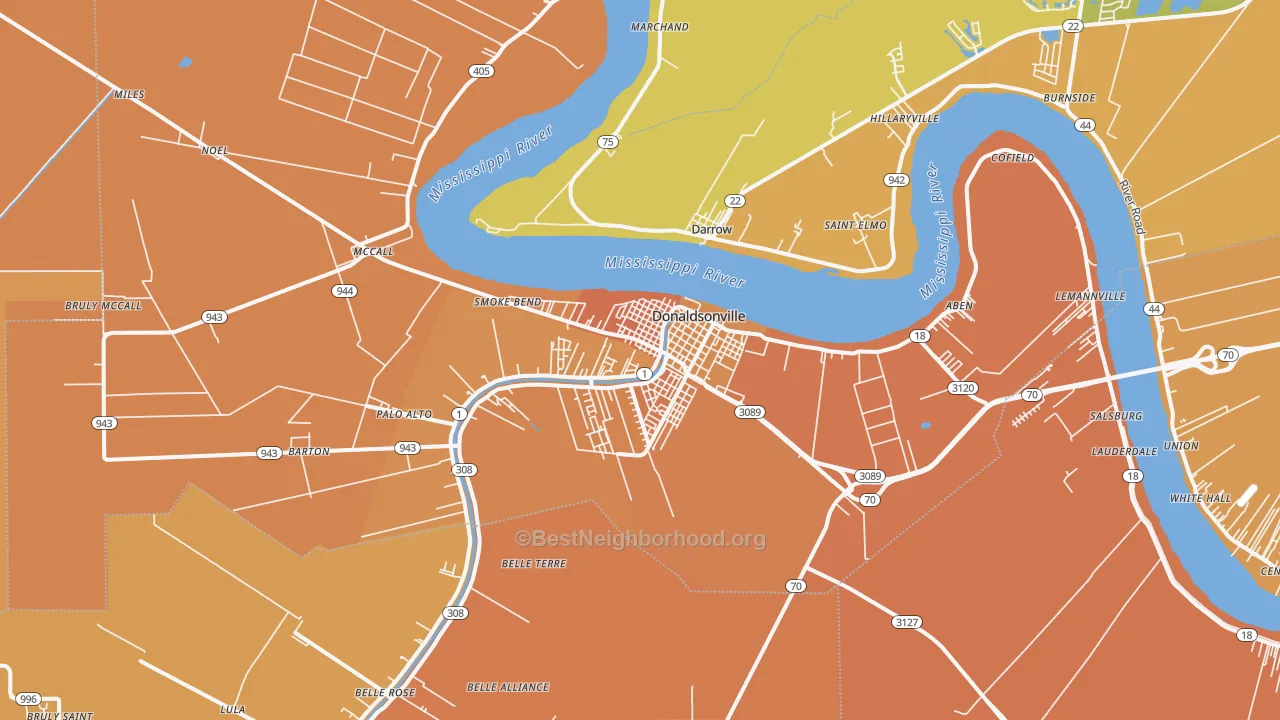 Map of the best neighborhoods in the 70346 area, with better matches in green and worse matches in red