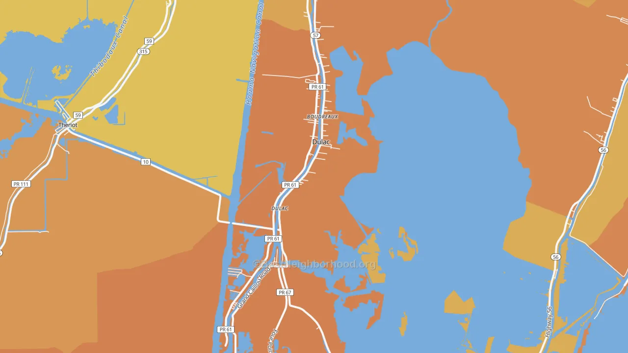 Map of the best neighborhoods in the 70353 area, with better matches in green and worse matches in red