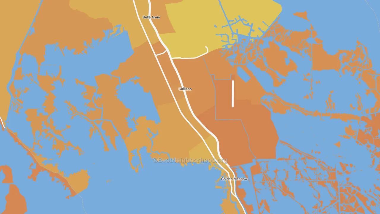 Map of the best neighborhoods in the 70354 area, with better matches in green and worse matches in red