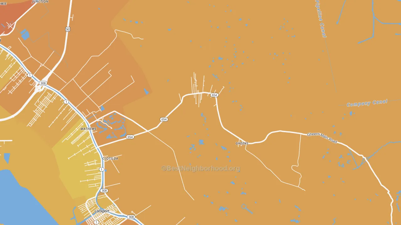 Map of the best neighborhoods in the 70355 area, with better matches in green and worse matches in red