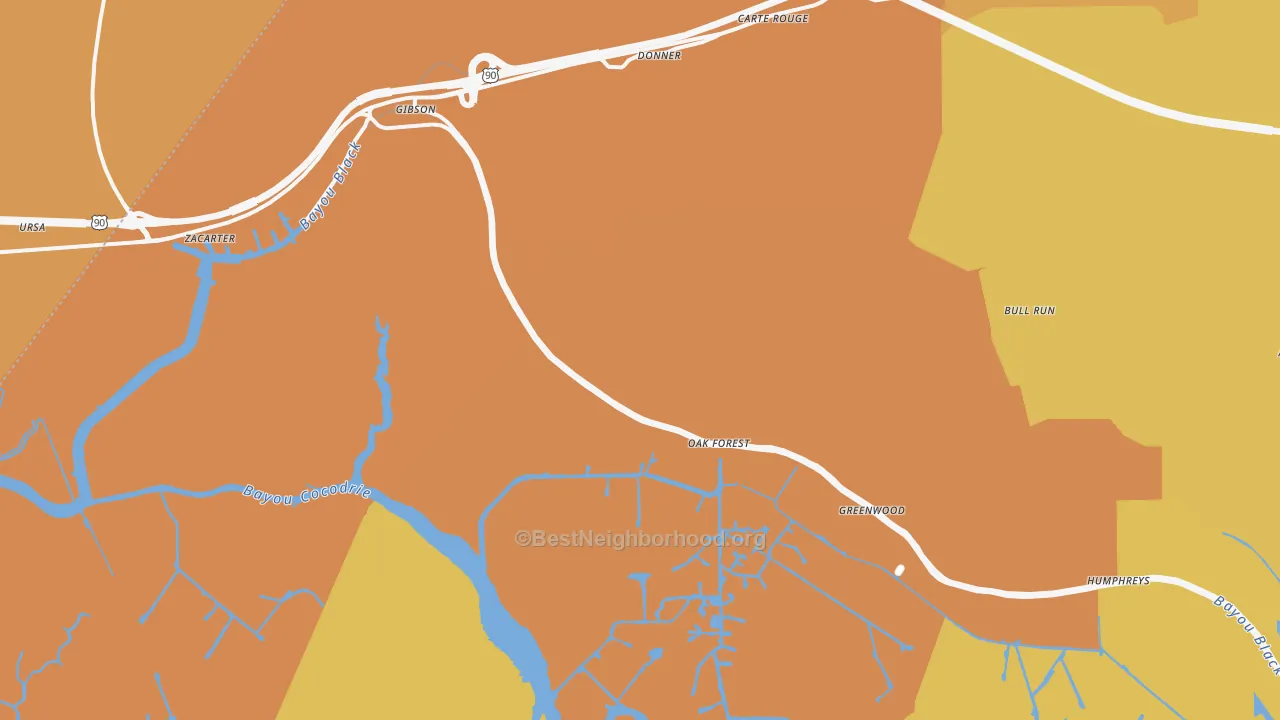 Map of the best neighborhoods in the 70356 area, with better matches in green and worse matches in red