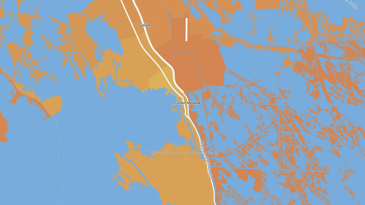 Map of the best neighborhoods in the 70357 area, with better matches in green and worse matches in red