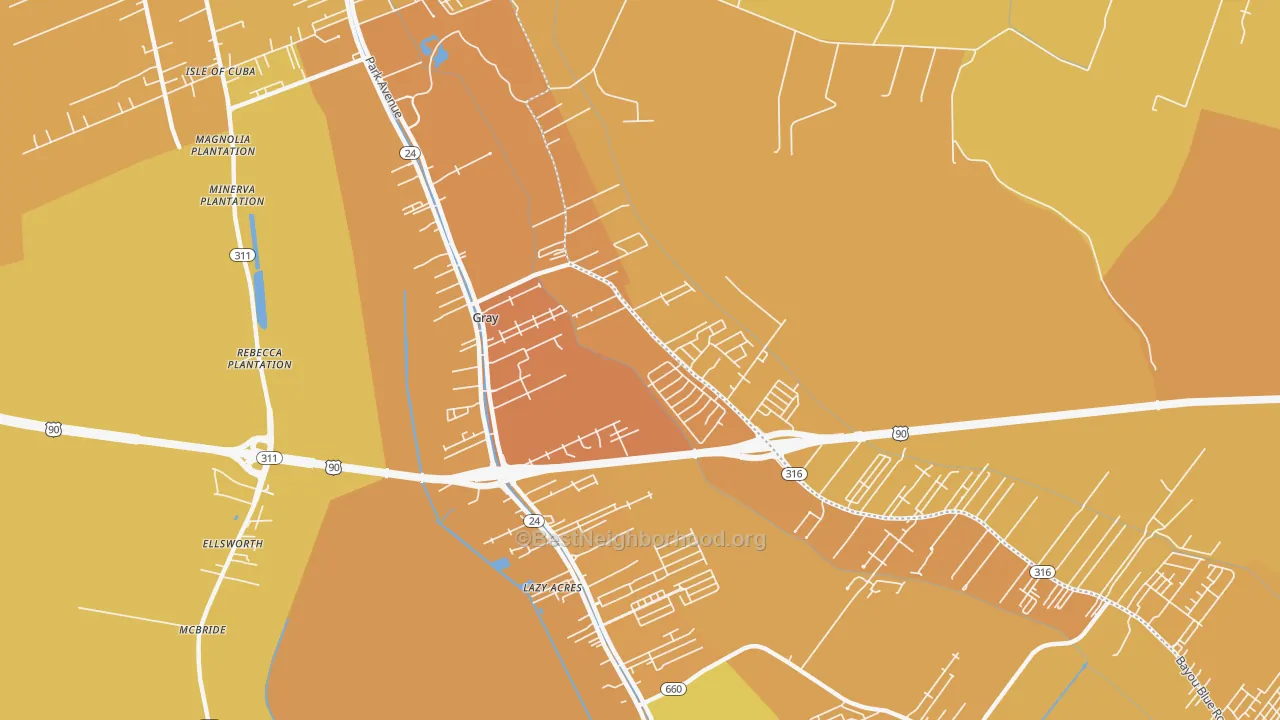 Map of the best neighborhoods in the 70359 area, with better matches in green and worse matches in red