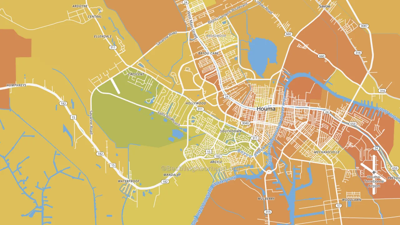 Map of the best neighborhoods in the 70360 area, with better matches in green and worse matches in red