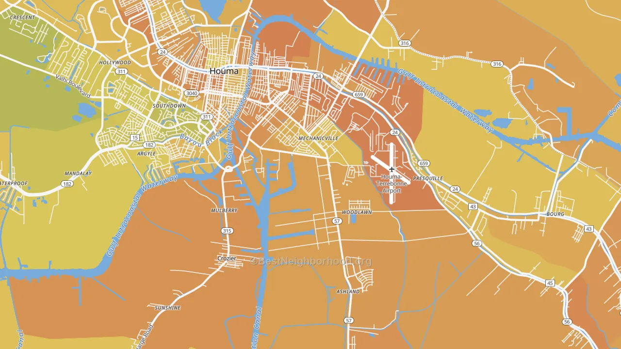 Map of the best neighborhoods in the 70363 area, with better matches in green and worse matches in red
