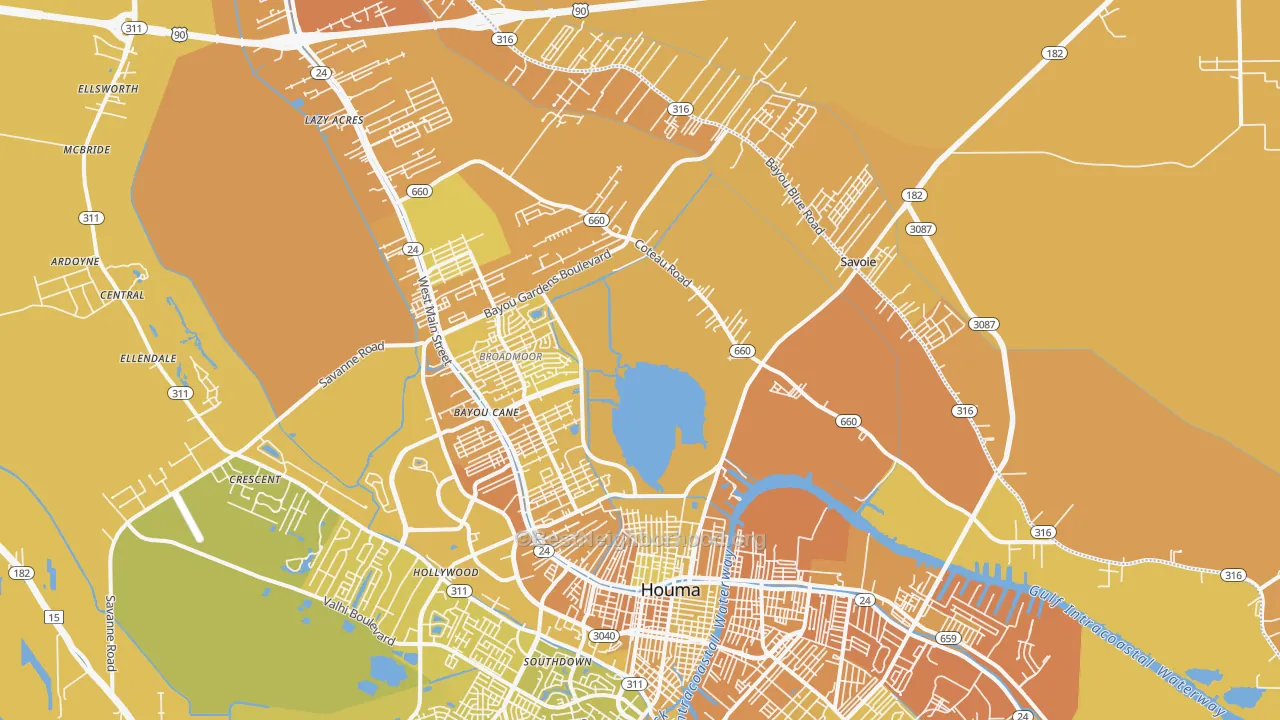 Map of the best neighborhoods in the 70364 area, with better matches in green and worse matches in red