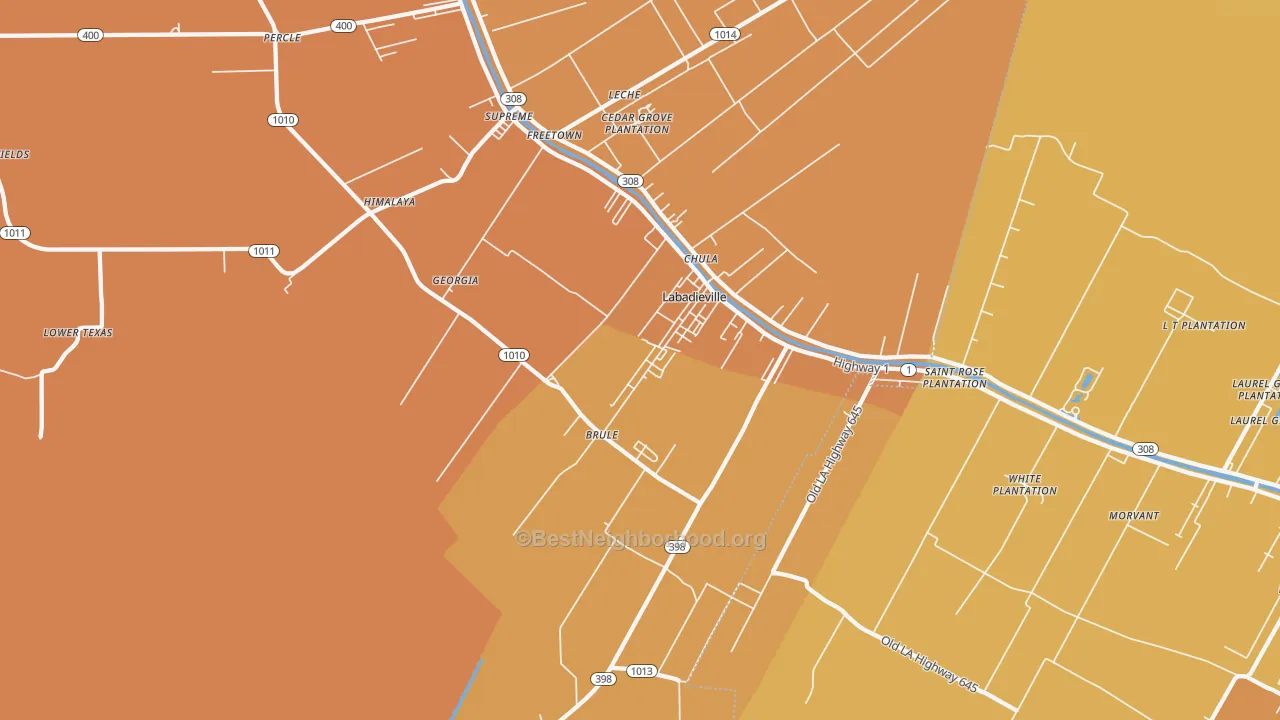 Map of the best neighborhoods in the 70372 area, with better matches in green and worse matches in red