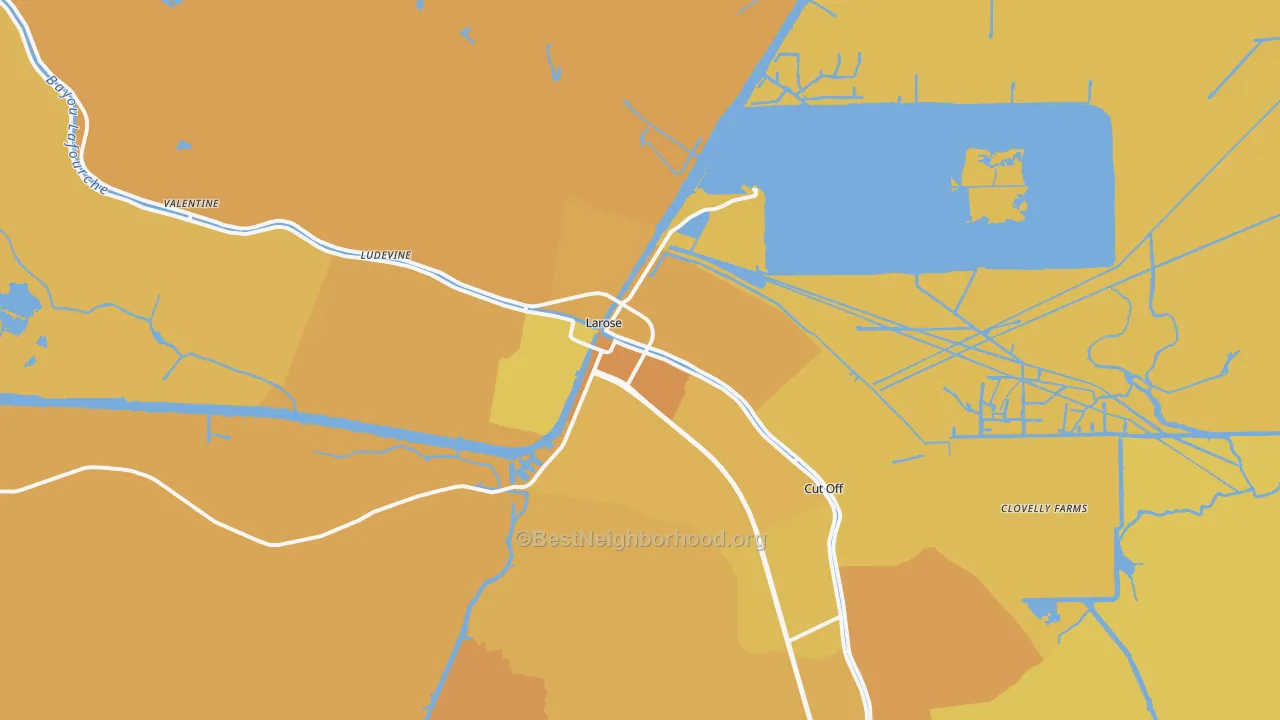 Map of the best neighborhoods in the 70373 area, with better matches in green and worse matches in red
