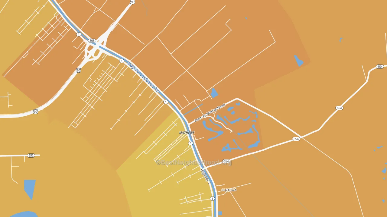 Map of the best neighborhoods in the 70375 area, with better matches in green and worse matches in red