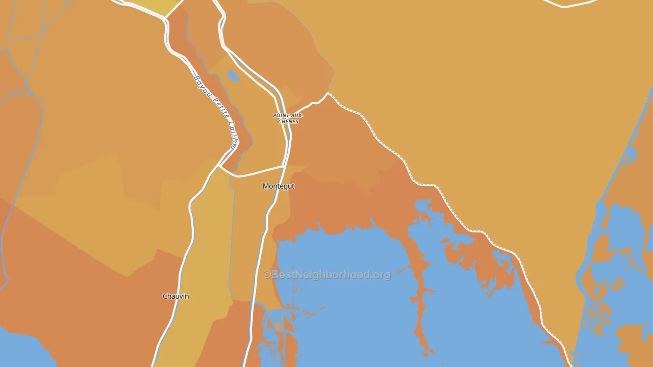 Map of the best neighborhoods in the 70377 area, with better matches in green and worse matches in red