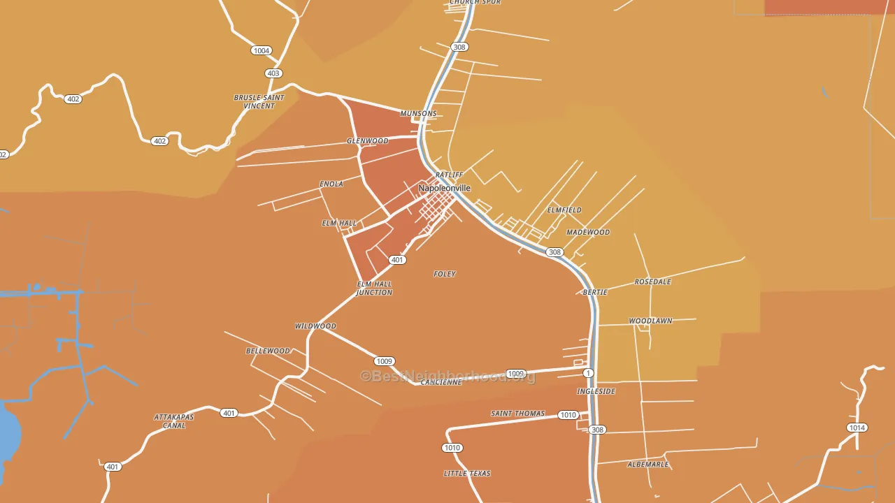 Map of the best neighborhoods in the 70390 area, with better matches in green and worse matches in red