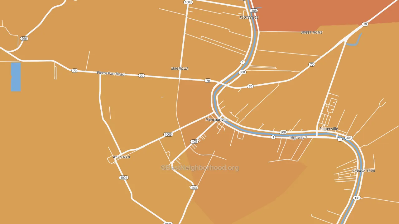 Map of the best neighborhoods in the 70391 area, with better matches in green and worse matches in red