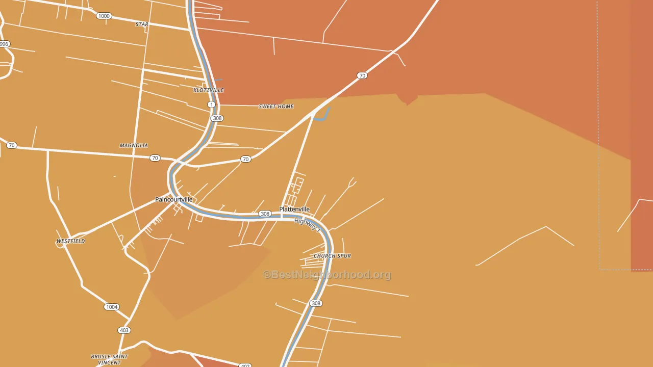 Map of the best neighborhoods in the 70393 area, with better matches in green and worse matches in red
