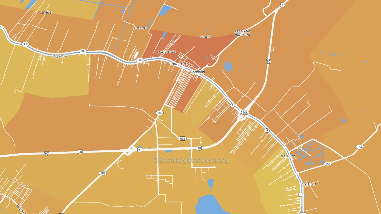Map of the best neighborhoods in the 70394 area, with better matches in green and worse matches in red