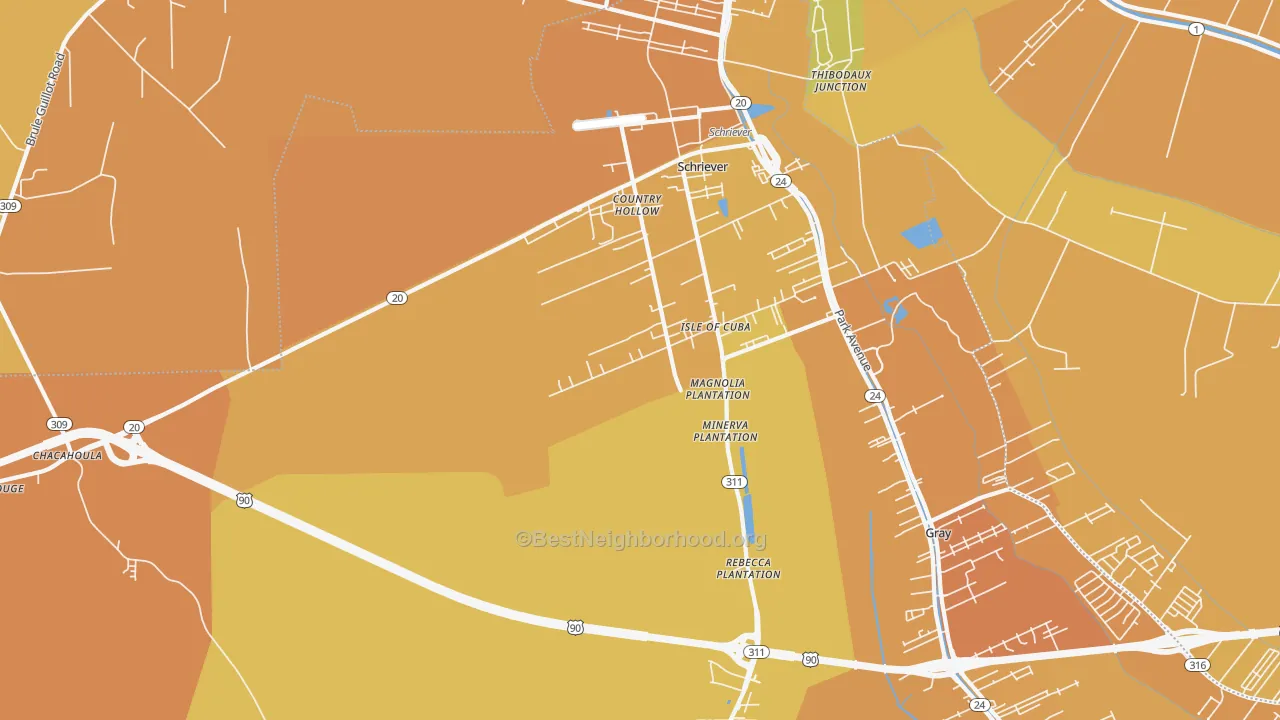 Map of the best neighborhoods in the 70395 area, with better matches in green and worse matches in red