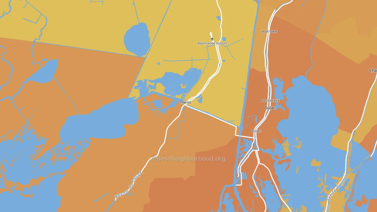 Map of the best neighborhoods in the 70397 area, with better matches in green and worse matches in red