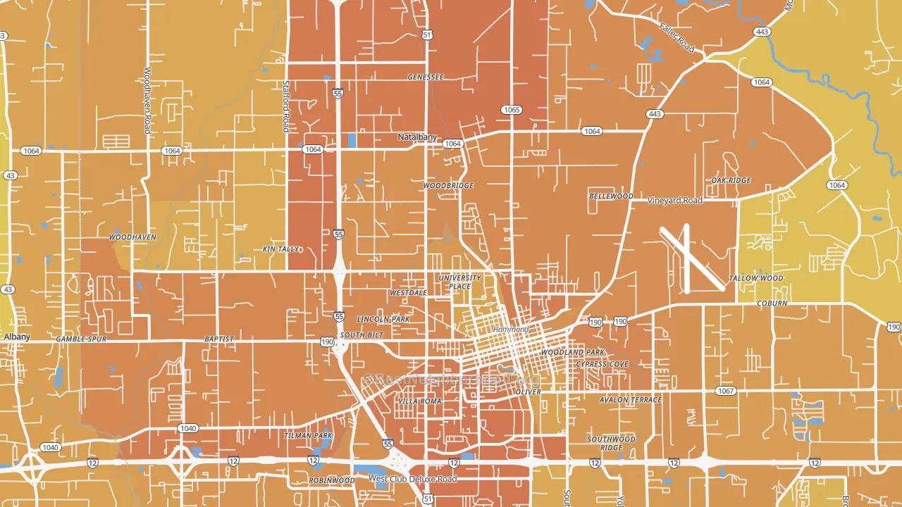 Map of the best neighborhoods in the 70401 area, with better matches in green and worse matches in red