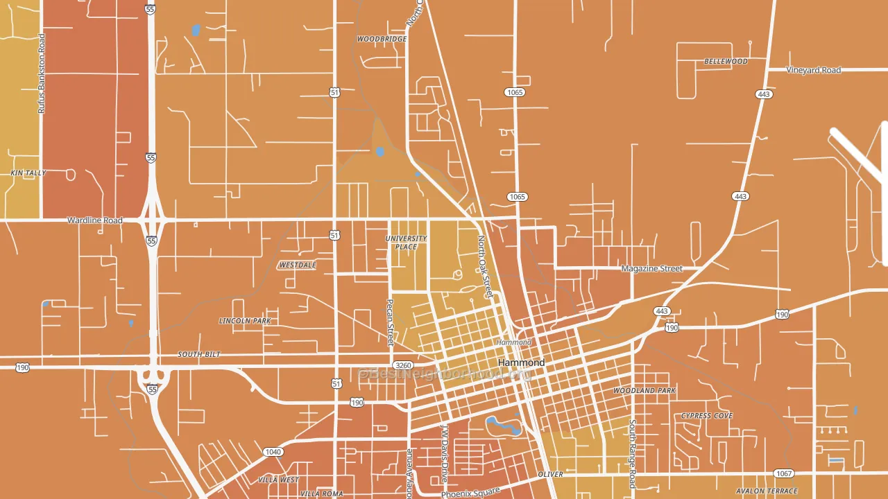 Map of the best neighborhoods in the 70402 area, with better matches in green and worse matches in red