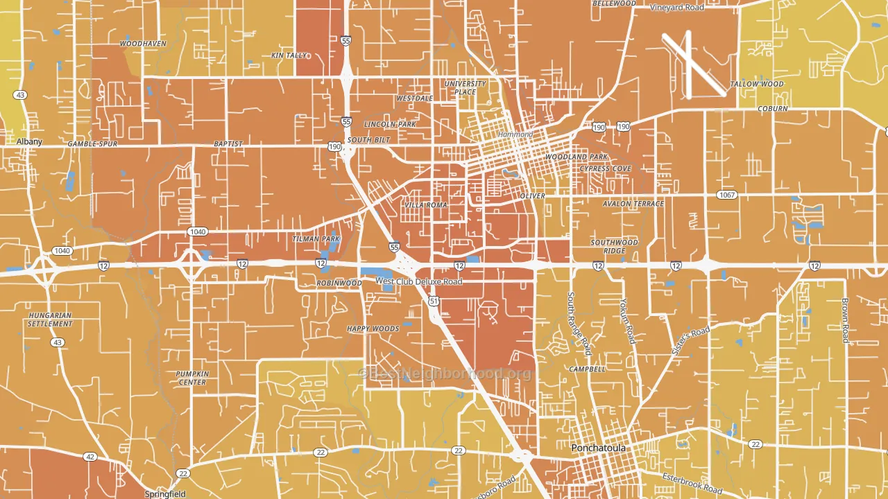 Map of the best neighborhoods in the 70403 area, with better matches in green and worse matches in red