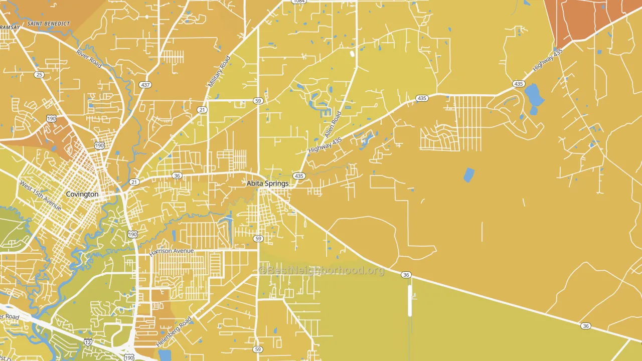 Map of the best neighborhoods in the 70420 area, with better matches in green and worse matches in red