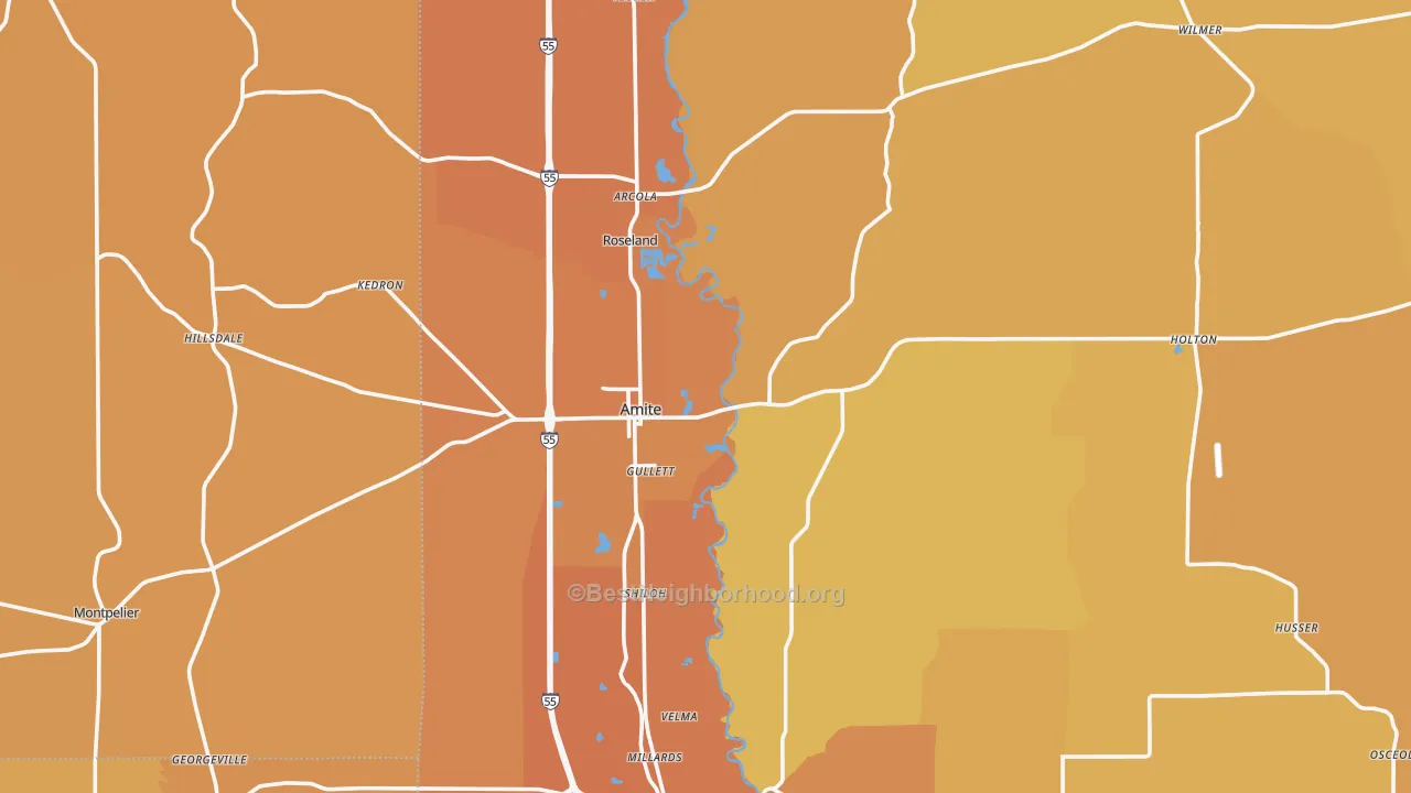 Map of the best neighborhoods in the 70422 area, with better matches in green and worse matches in red