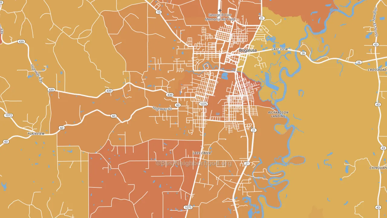 Map of the best neighborhoods in the 70427 area, with better matches in green and worse matches in red