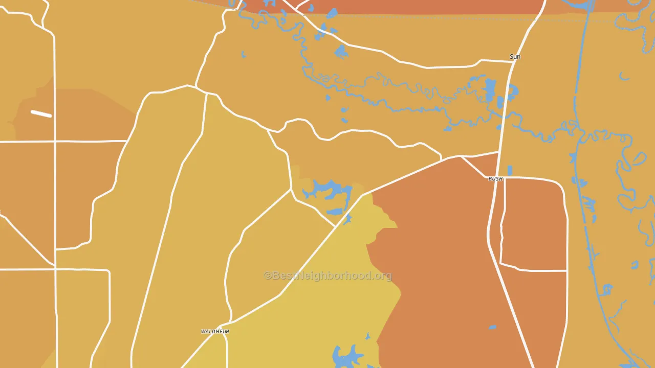Map of the best neighborhoods in the 70431 area, with better matches in green and worse matches in red