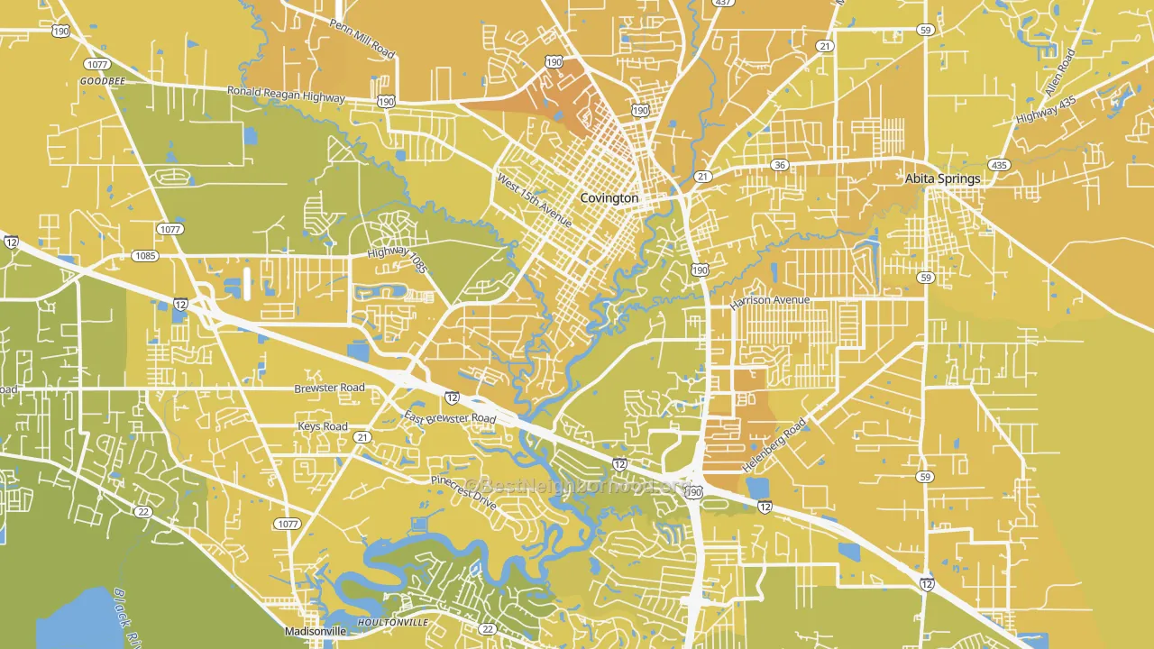 Map of the best neighborhoods in the 70433 area, with better matches in green and worse matches in red