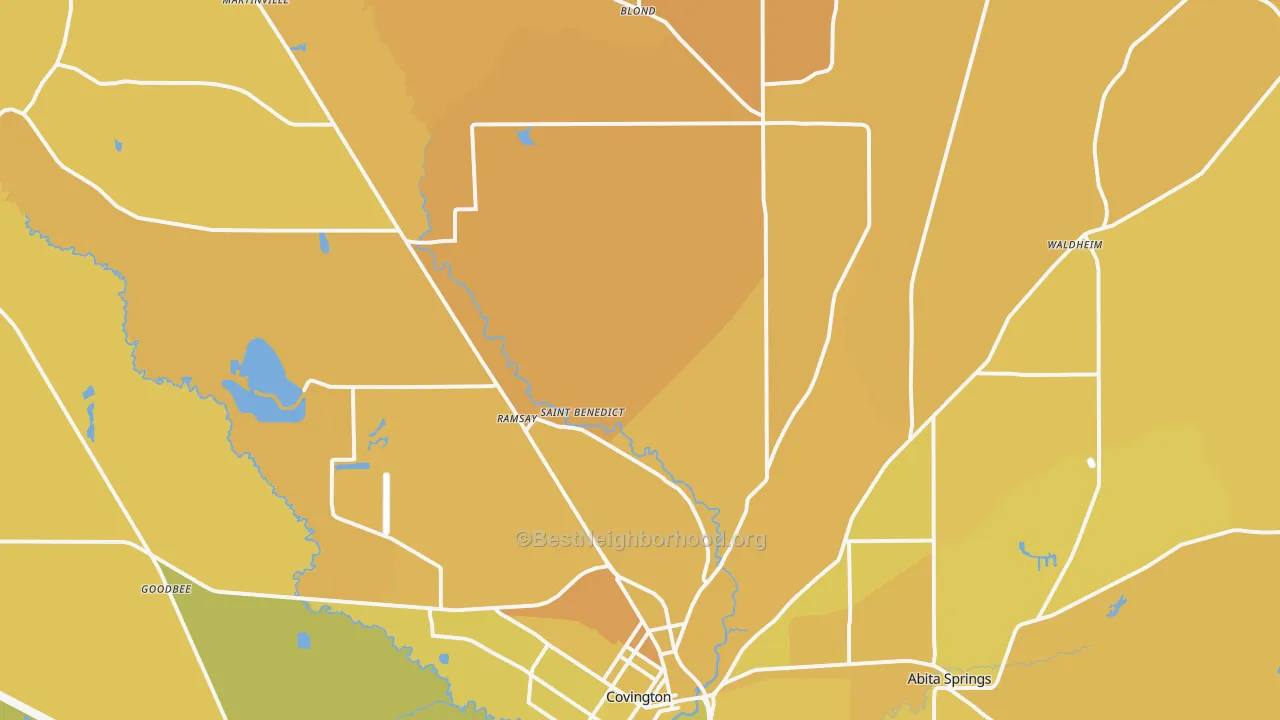 Map of the best neighborhoods in the 70435 area, with better matches in green and worse matches in red