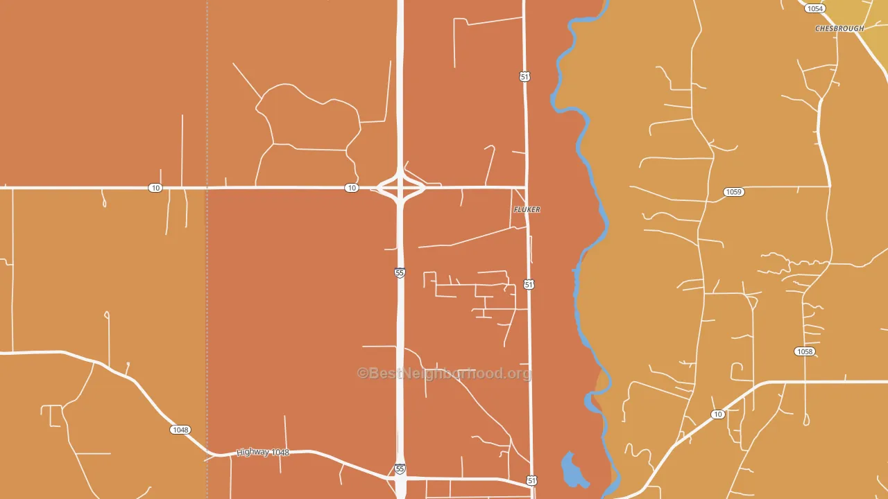 Map of the best neighborhoods in the 70436 area, with better matches in green and worse matches in red