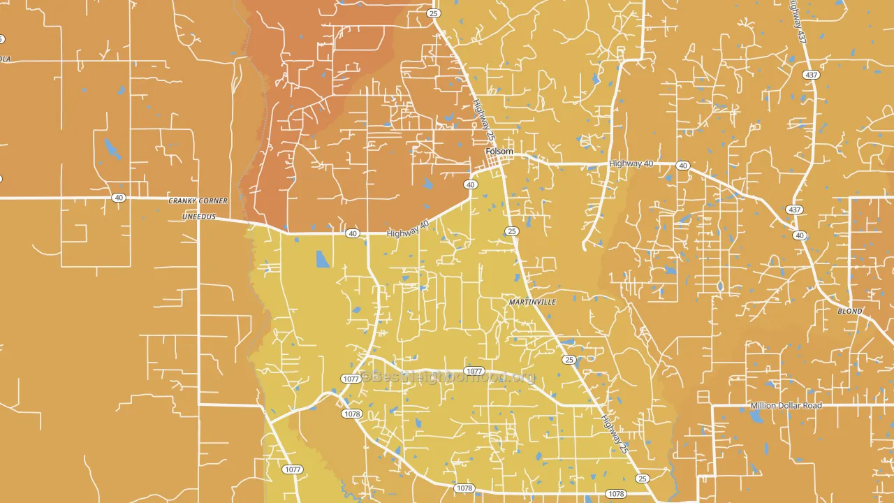 Map of the best neighborhoods in the 70437 area, with better matches in green and worse matches in red