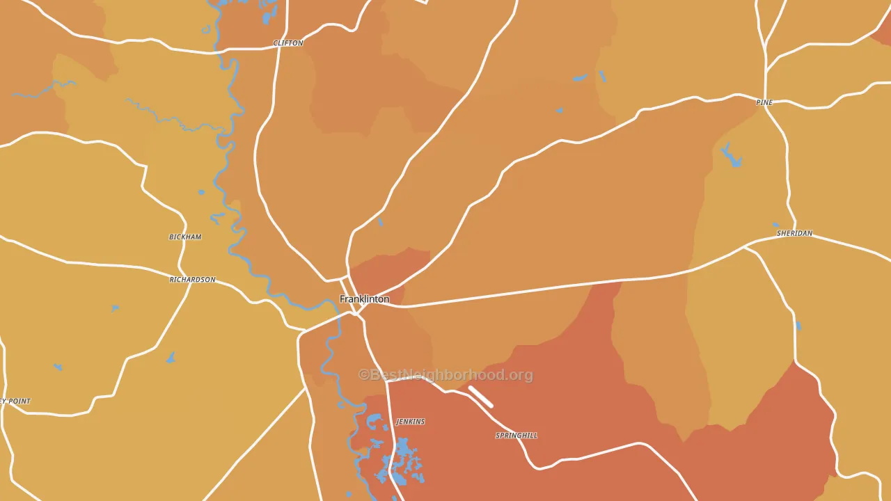 Map of the best neighborhoods in the 70438 area, with better matches in green and worse matches in red