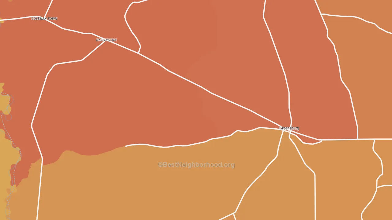 Map of the best neighborhoods in the 70441 area, with better matches in green and worse matches in red