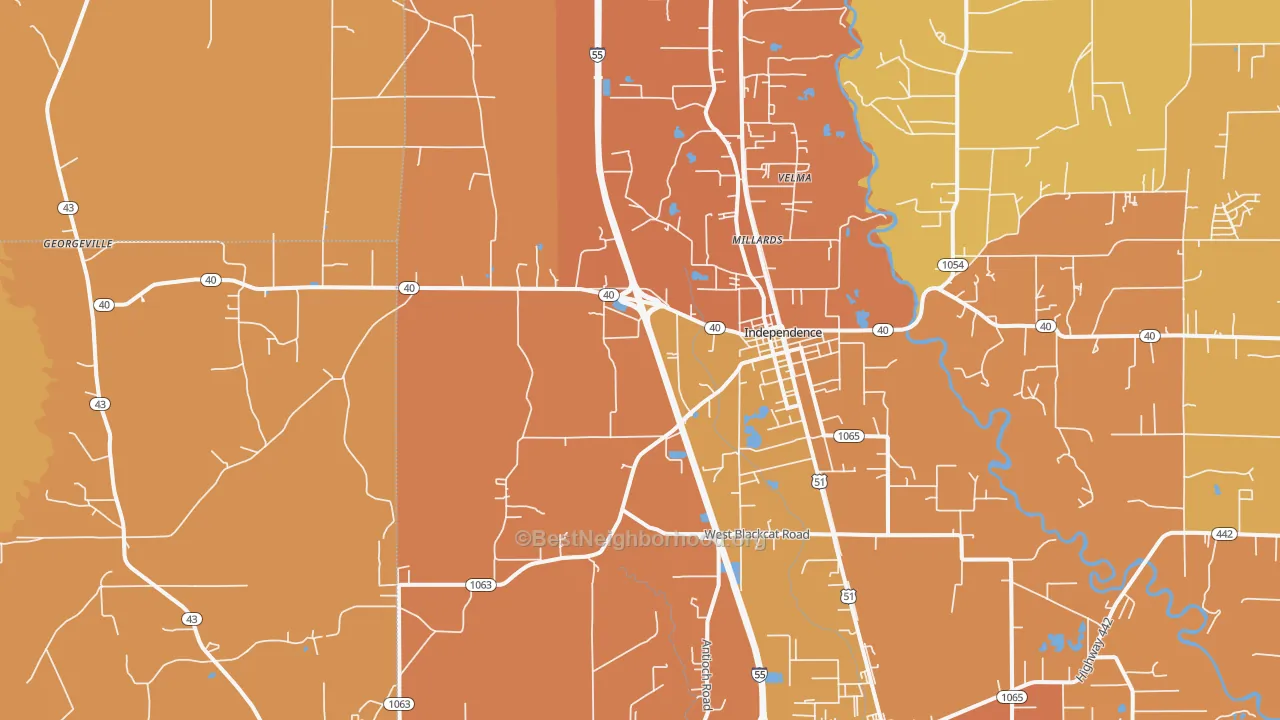 Map of the best neighborhoods in the 70443 area, with better matches in green and worse matches in red