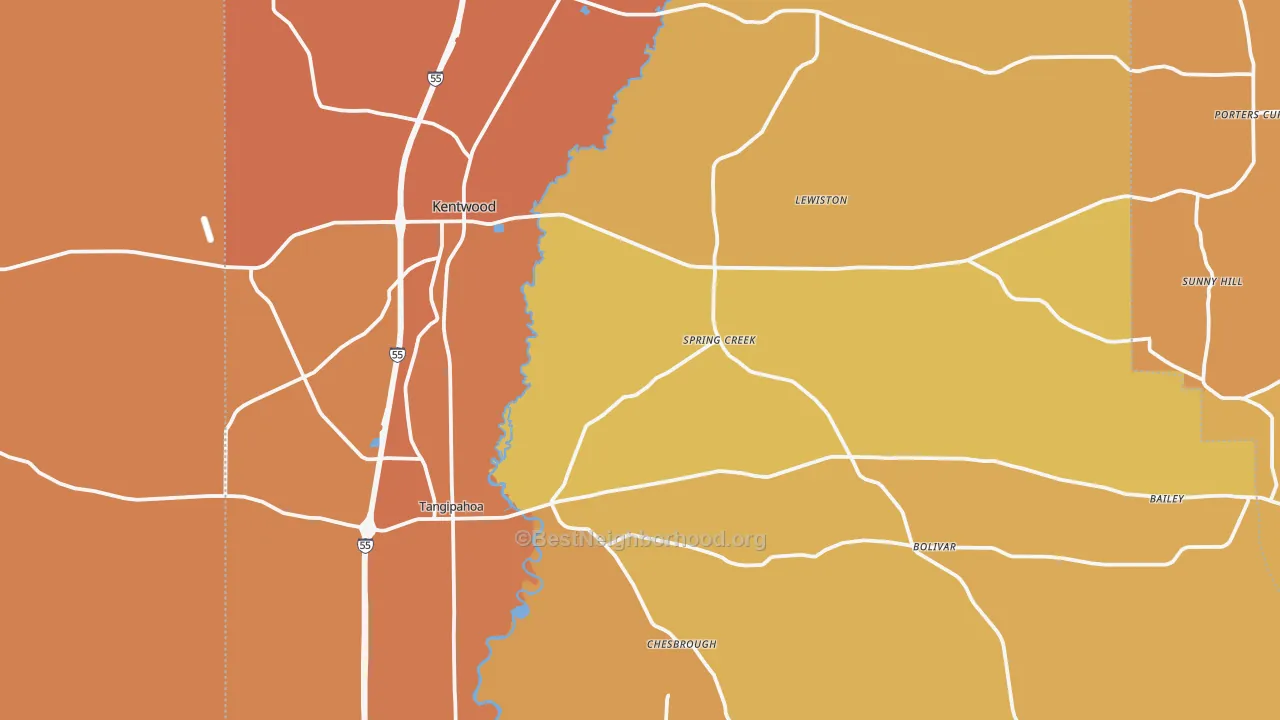 Map of the best neighborhoods in the 70444 area, with better matches in green and worse matches in red