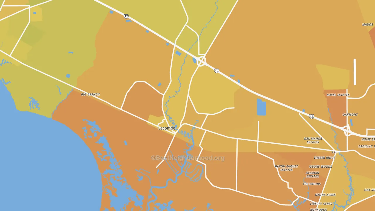 Map of the best neighborhoods in the 70445 area, with better matches in green and worse matches in red
