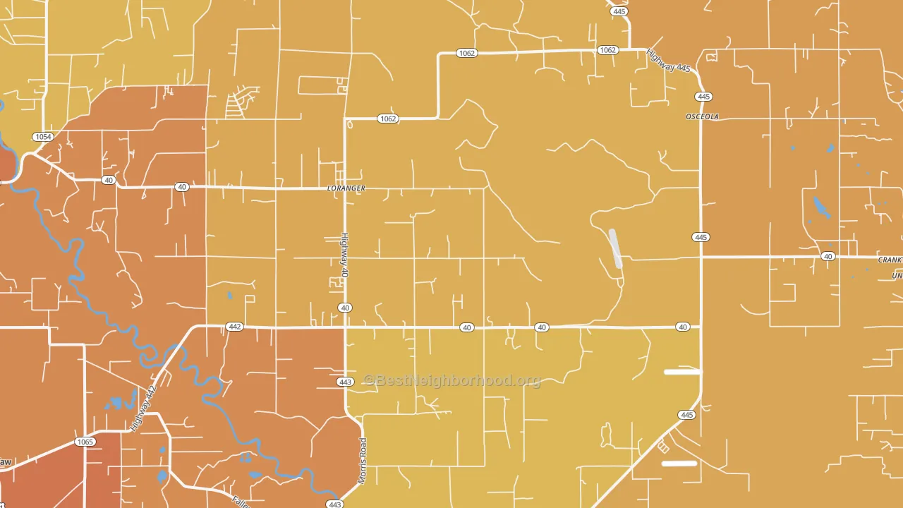Map of the best neighborhoods in the 70446 area, with better matches in green and worse matches in red