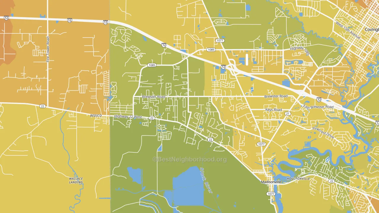 Map of the best neighborhoods in the 70447 area, with better matches in green and worse matches in red